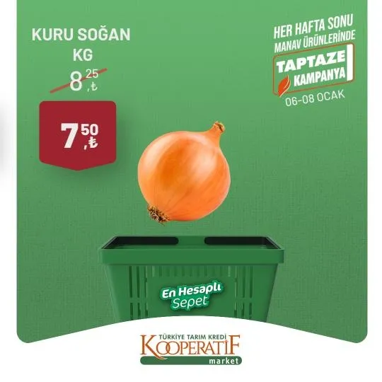 Tarım Kredi Market 11 Ocak indirim kataloğu: TK’da Kuru Soğan 7,50 TL, Portakal 12,50 TL, Limon 13,90 TL, Salatalık 22,90 TL, Yerli Muz 26,70 TL’den satışta