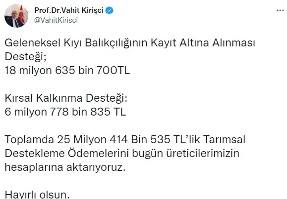 Tarım ve Orman Bakanı Vahit Kirişci'den tarımsal destek açıklaması! 25 milyon TL'lik ödeme yapıldı - 2