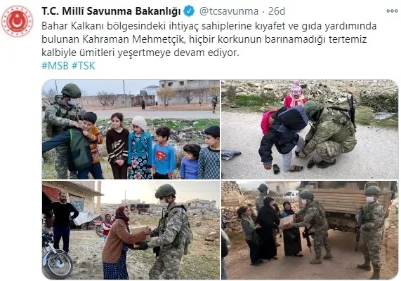 Türk askeri Bahar Kalkanı bölgesindeki Suriyeli ihtiyaç sahiplerine yardım dağıttı