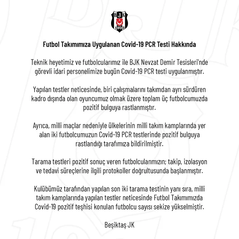Beşiktaş’tan son dakika açıklaması! Kovid-19 testi pozitif çıkan futbolcuların sayısı 8’e yükseldi