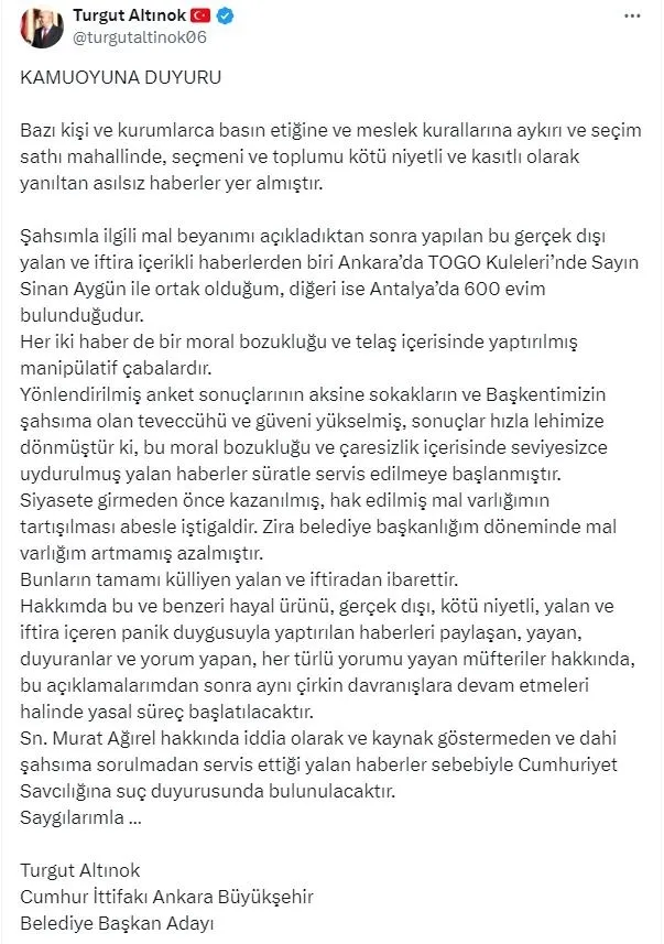 Cumhur İttifakı’nın ABB adayı Turgut Altınok’tan mal beyanı ile ilgili muhalefetin çirkin manipülasyonuna yanıt: Suç duyurusunda bulunacağım