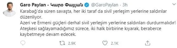 HDPKK’lı Garo Paylan’dan skandal paylaşım! Azerbaycan intikam alınca ateşkes diye ağlamaya başladı