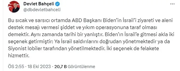 MHP lideri Devlet Bahçeli’den İsrail’in hastane saldırısına tepki: Sivil halk katliam ablukasına alınmıştır