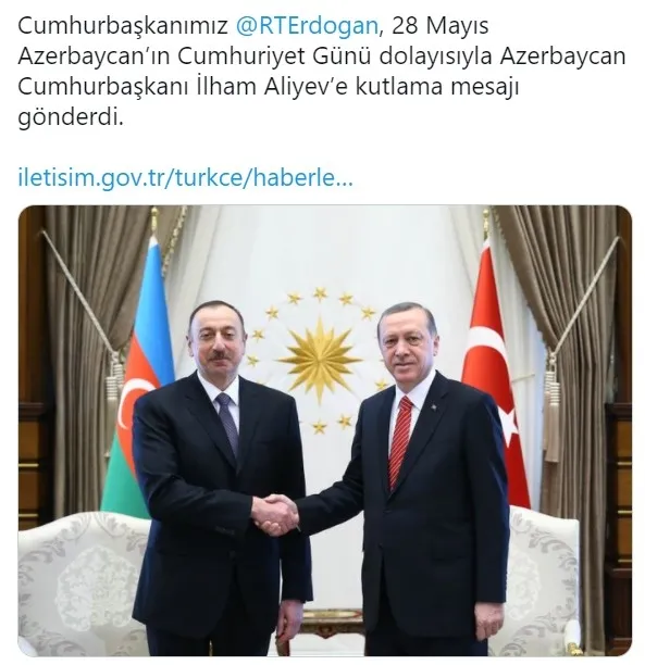 Başkan Erdoğan İlham Aliyev’i Azerbaycan’ın Cumhuriyet Günü dolayısıyla kutladı