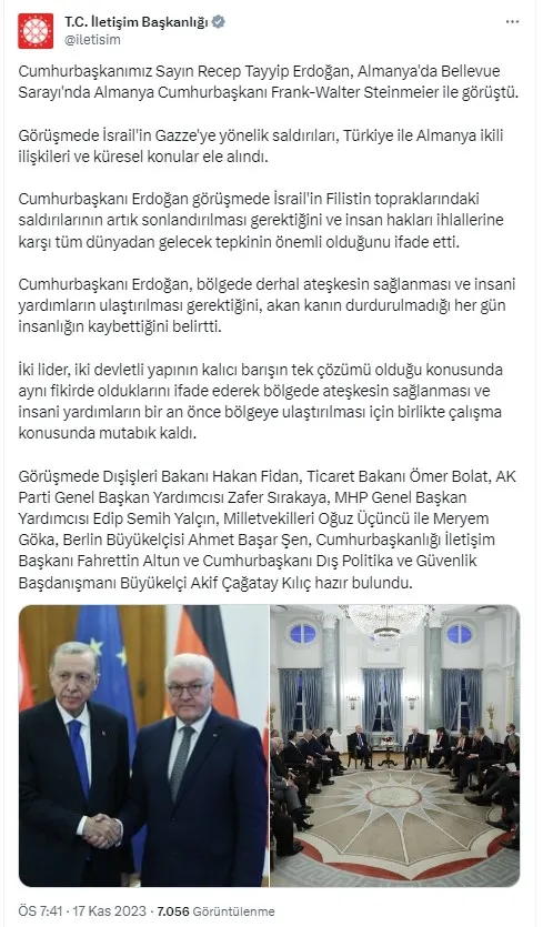 Başkan Erdoğan ve Steinmeier’den Gazze mesajı: İki devletli yapı kalıcı barışın tek çözümü