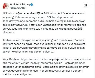 ALİ ERBAŞ’TAN FELAKETİN YIL DÖNÜMÜ MESAJI