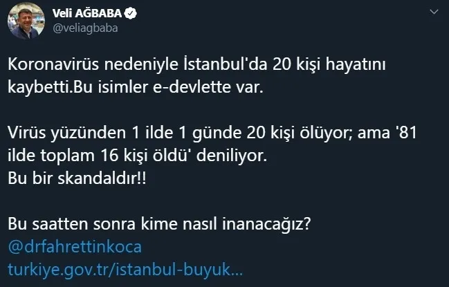 CHP’li Veli Ağbaba’nın ’İstanbul’da 20 kişi koronadan öldü’ yalanı elinde patladı! İBB’den skandal hata