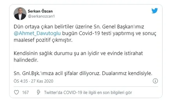 Son dakika: Ahmet Davutoğlu koronavirüse yakalandı