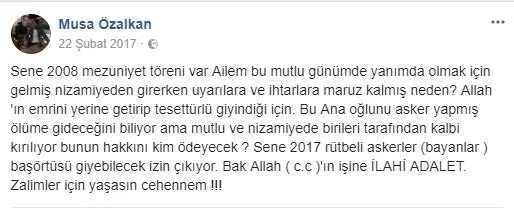 Afrin şehidi Musa Özalkan’ın başörtülü annesi kışlaya alınmamış!