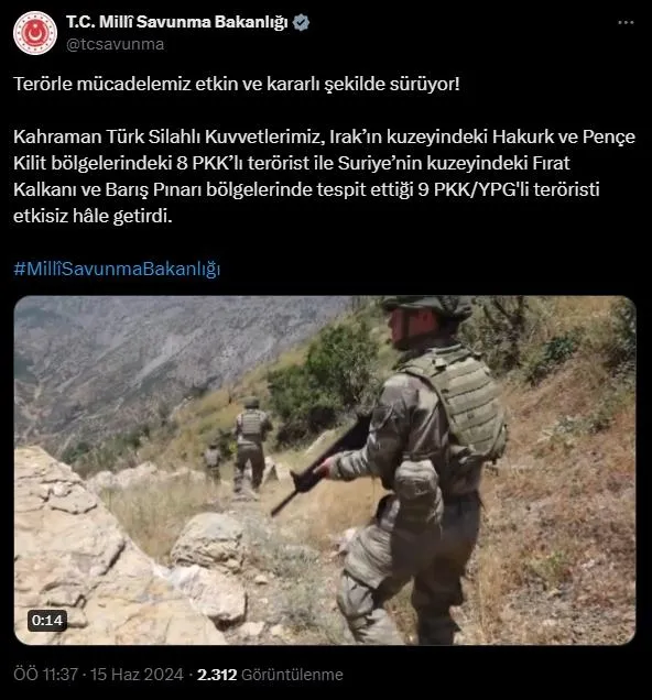 MSB’den bayram temizliği! Irak ve Suriye’nin kuzeyinde 17 terörist öldürüldü