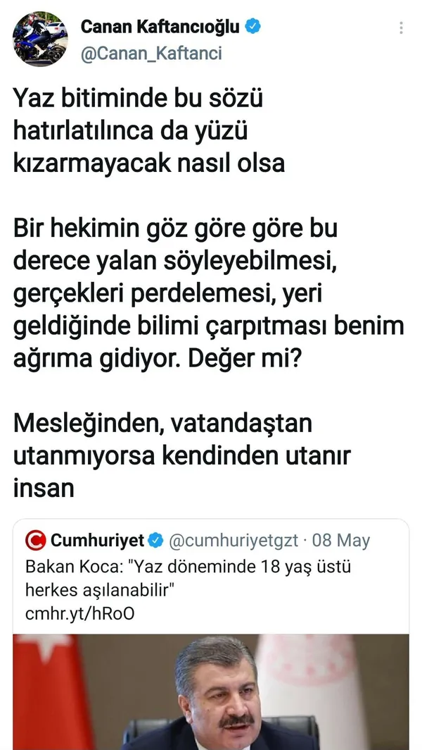 1624634235927.jpg Sağlık Bakanı Fahrettin Koca'dan Canan Kaftancıoğlu ve Fatih Portakal'a 18 yaş üstü vatandaşların aşılanmasına yönelik gönderme! "Umarız bugünlerde sık sık güneşe çıkıyorlardır" - 2