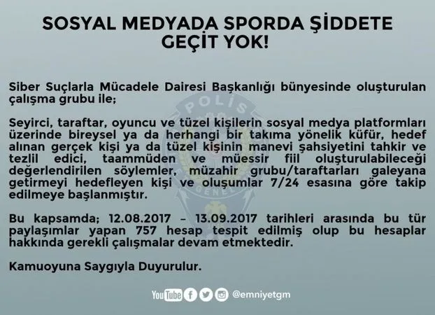 Emniyet Genel Müdürlüğü açıkladı! Sporda şiddeti özendiren sosyal medya hesaplarına sıkı takip - 1