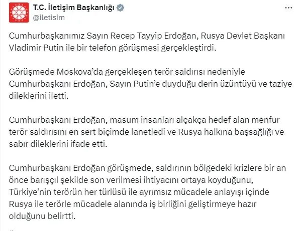Başkan Erdoğan’dan Rusya Devlet Başkanı Putin’e taziye telefonu