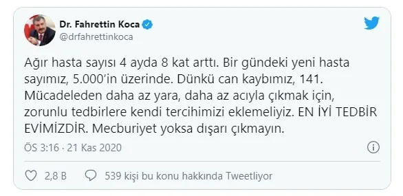 Bakan Koca'dan 'dışarı çıkmayın' çağrısı: Ağır hasta sayısı 8 kat arttı - 1