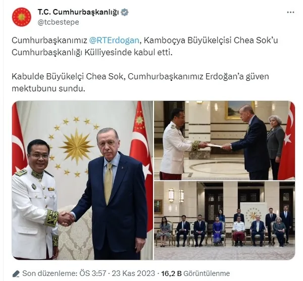 Başkan Erdoğan’a Kamboçya Büyükelçisi Chea Sok ve Tanzanya Büyükelçisi Iddi Seif Bakari’den güven mektubu