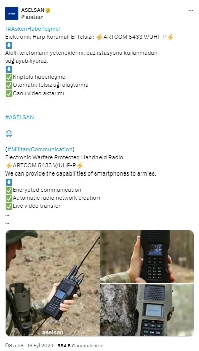 İsrail Lübnan’da telsizleri patlattı ASELSAN’dan gönderme geldi! ARTCOM yerli, milli ve güvenli