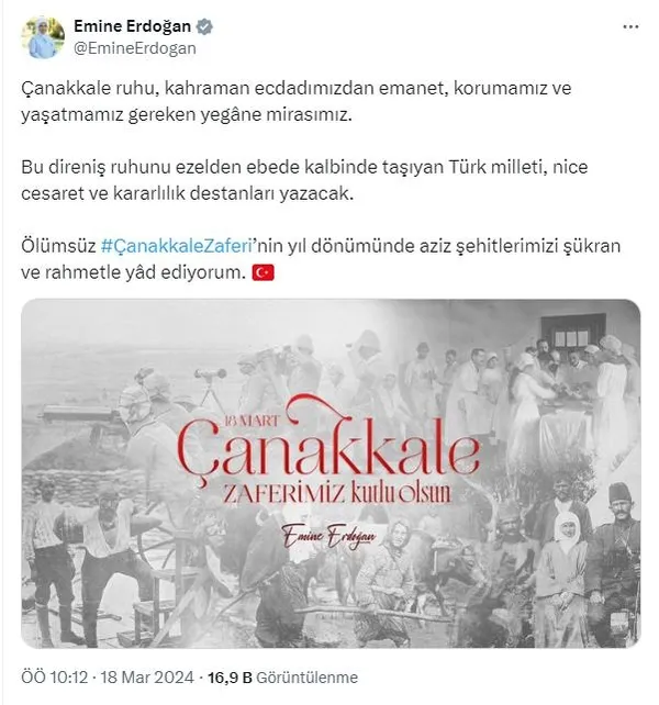 Emine Erdoğan’dan 18 Mart Şehitleri Anma Günü ve Çanakkale Deniz Zaferi paylaşımı