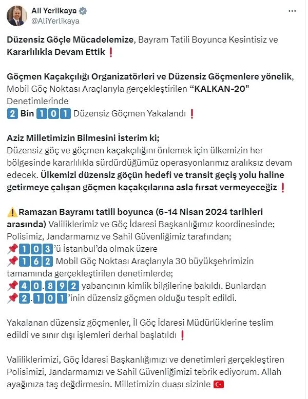 Bakan Yerlikaya duyurdu! Bayram tatilinde 2 bin 101 düzensiz göçmen yakalandı