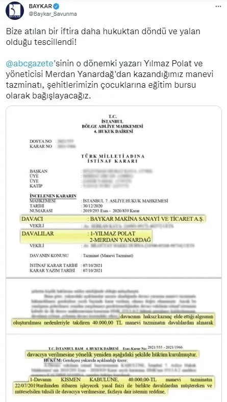 BAYKAR’a Yılmaz Polat ve Merdan Yanardağ tarafından atılan iftira hukuktan döndü! Tazminat şehit çocuklarına verilecek