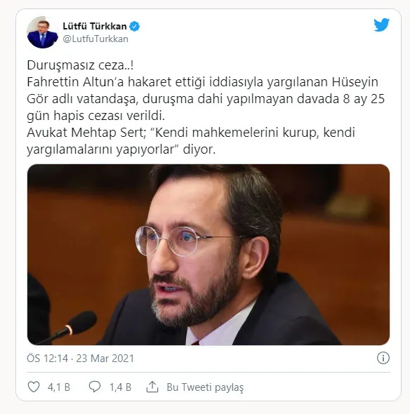 İletişim Başkanı Fahrettin Altun’dan İYİ Parti Grup Başkanvekili Lütfü Türkkan’a hukuk dersi