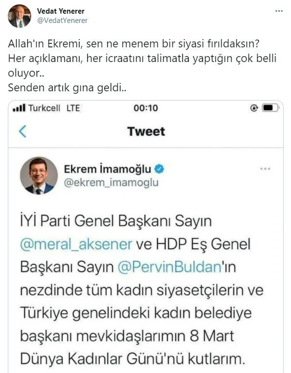 Millet İttifakı’nda tweet krizi! İYİ Parti kurucularından Vedat Yenerer’den Ekrem İmamoğlu’na sert tepki: Siyasi fırıldaksın