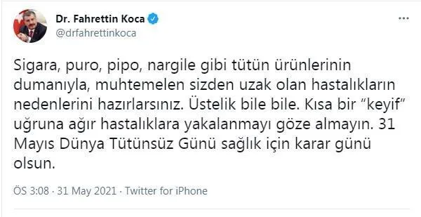 Sağlık Bakanı Fahrettin Koca’dan ’Dünya Tütünsüz Günü’ mesajı
