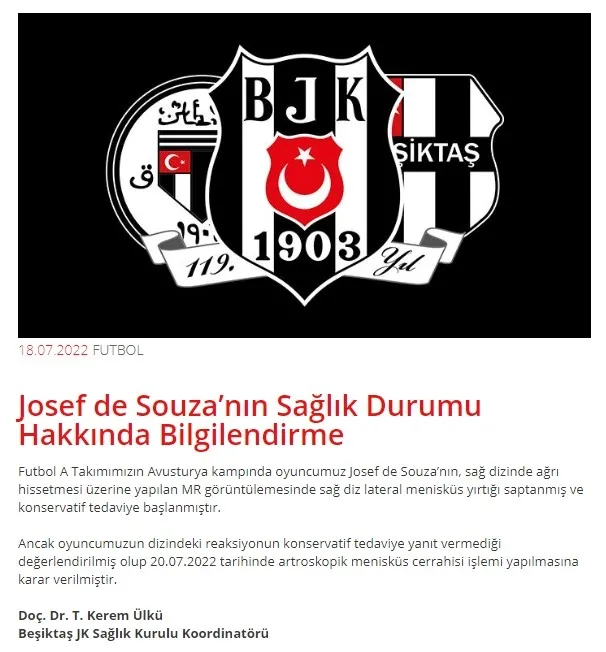 Beşiktaşlı Josef de Souza ameliyat olacak