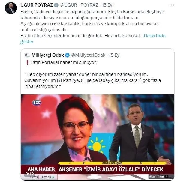 Fatih Portakal Meral Akşener 2 gün sonra CHP’ye yanaşacak dedi İYİ Parti cephesi küplere bindi: Mesleki ahlak yoksunu