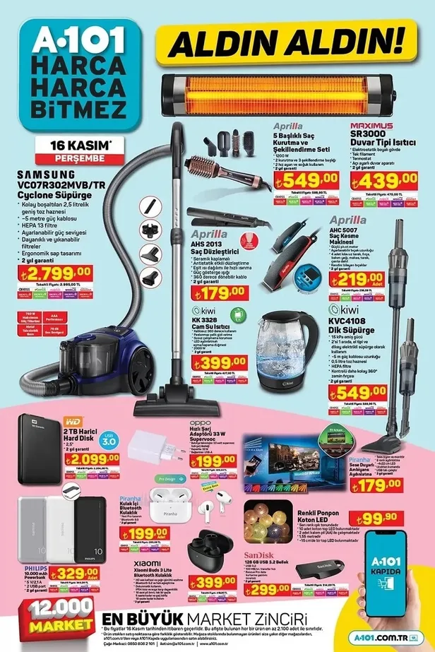 A101 21 Kasım aktüel ürünler kataloğu yayınladı! A101 afişinde Elektrikli ısıtıcı 439 TL, Saç düzleştirici 179 TL, Samsung Cyclone Süpürge 2.799 TL’den satışa sunuluyor