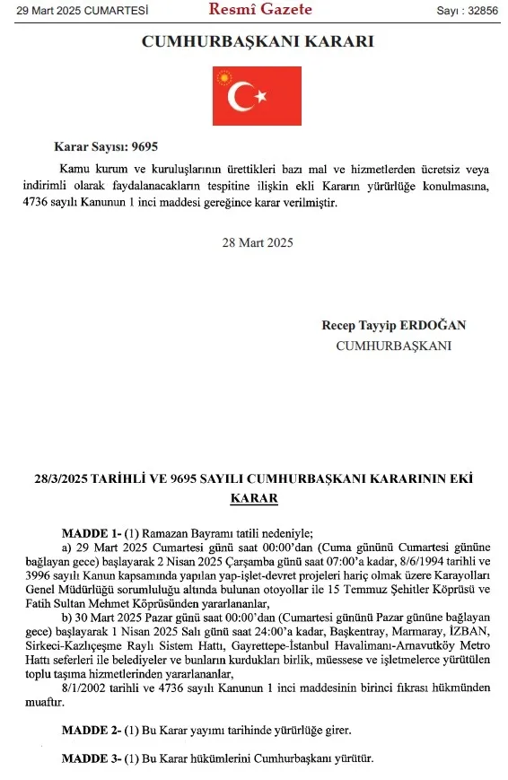 Resmi Gazete’de yayımlandı! Bayramda köprü ve otoyollar ücretsiz