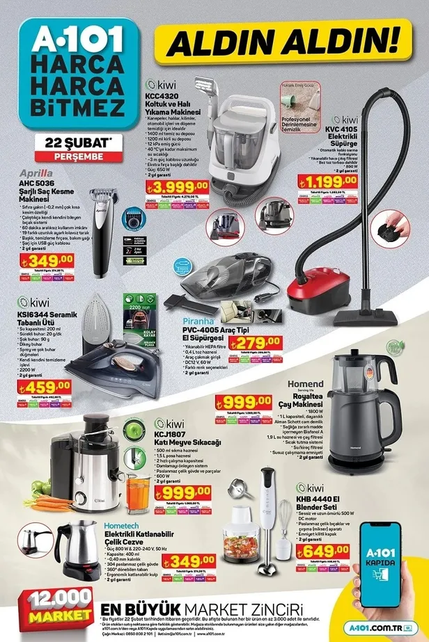 23 Şubat A101 aktüel ürünler kataloğu yayında! A101’e yarın Toshıba smart TV, SEG ankastre set, Kiwi koltuk ve halı yıkama makinesi…