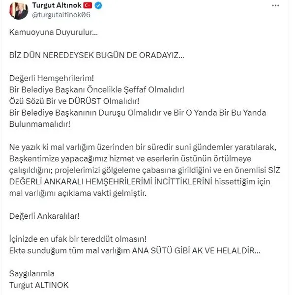 Cumhur İttifakı’nın ABB adayı Turgut Altınok mal varlığını açıkladı: Ana sütü gibi ak ve helaldir | Fondaş medyadan kirli algı operasyonu...