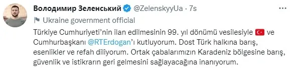Ukrayna Devlet Başkanı Volodimir Zelenskiy’den 29 Ekim Cumhuriyet Bayramı mesajı