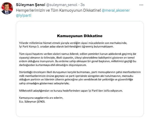 İYİ Parti’de Konya Milletvekili adayı Süleyman Şenol istifa etti: Meral Akşener’in ülke yönetme kabiliyeti yok