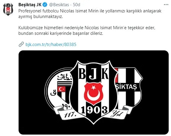 Beşiktaş’tan açıklama: Nicolas Isimat-Mirin ile yollar ayrıldı