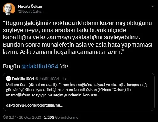 Ekrem İmamoğlu adaylık için dört koldan saldırıyor! Danışmanı Necati Özkan’dan manidar paylaşım: İktidar kazanmaya yakın taraf
