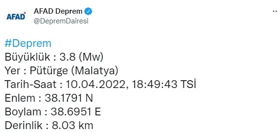SON DAKİKA Malatya’da 3,8’lik deprem | 2022 son depremler - 1