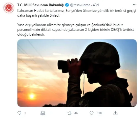 Son dakika: MSB duyurdu! Yasa dışı yollarla yurda girmeye çalışan biri DEAŞ'lı 2 kişi yakalandı - 1