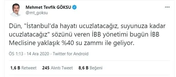 Son dakika: İstanbul Büyükşehir Belediyesi’nin suya yüzde 40 zam teklifi AK Parti ve MHP’nin oylarıyla reddedildi!