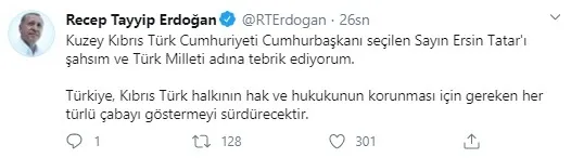 Başkan Erdoğan’dan KKTC’de Cumhurbaşkanı seçilen Ersin Tatar’a tebrik