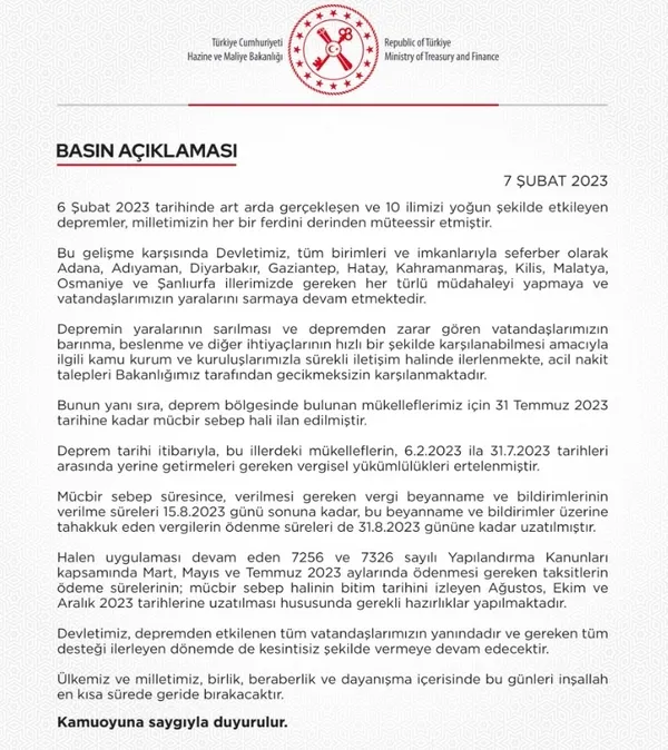 1675790024762.jpg Hazine ve Maliye Bakanlığı mücbir sebep hali ilan etti: Vergisel yükümlülükler ertelendi - 3