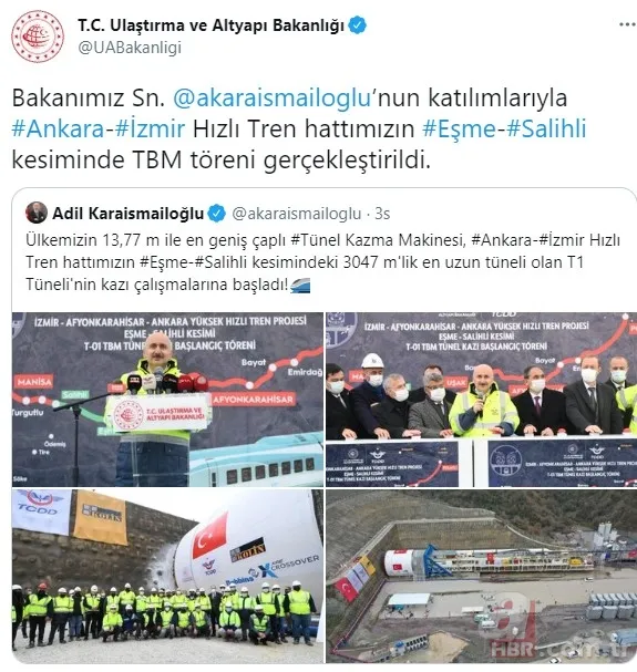 Ulaştırma ve Altyapı Bakanı Adil Karaismailoğlu İzmir-Afyonkarahisar-Ankara YHT tünel kazı başlangıç törenine katıldı 6