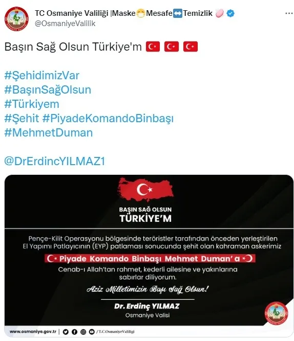 MSB: Pençe Kilit’te Binbaşı Mehmet Duman şehit oldu