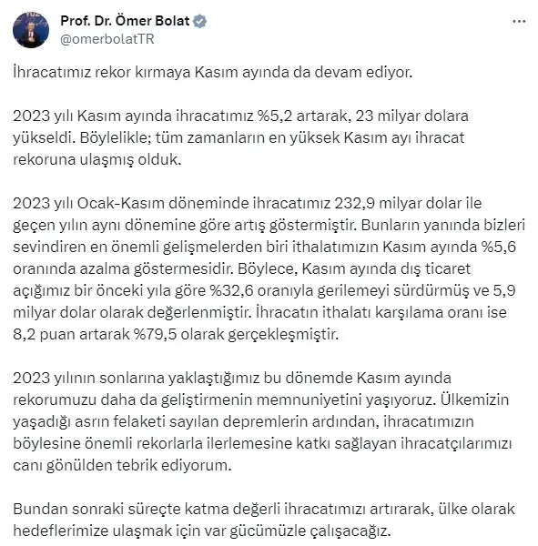 Kasım ayı dış ticaret rakamları açıklandı! Bakan Ömer Bolat duyurdu: Tarihin en yüksek aylık ihracat rakamını kırdık