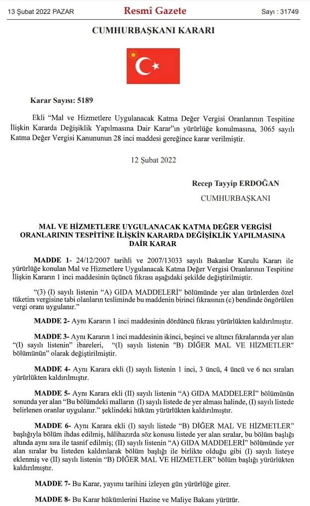 Son dakika: Başkan Erdoğan’ın açıkladığı gıdada KDV indirimi Resmi Gazete’de yayımlandı