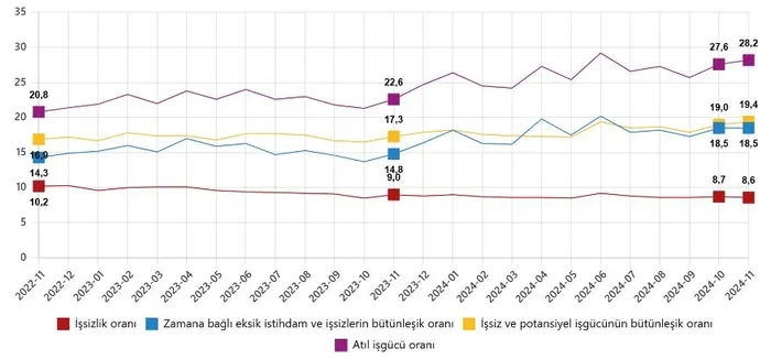 issizlik-tek-hanede-devam-istihdam-orani-yine-artti-1736492878690.jpeg Mevsim etkisinden arındırılmış işgücüne ilişkin tamamlayıcı göstergeler, Kasım 2022 - Kasım 2024 (%) (TÜİK)