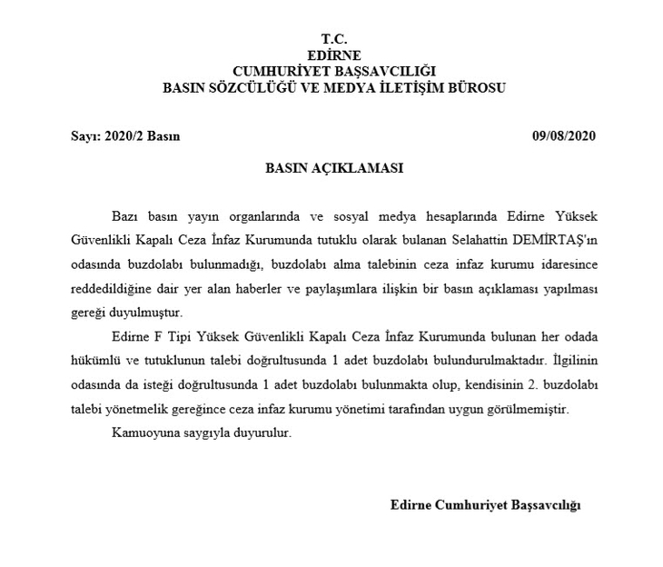 Selahattin Demirtaş’ın buzdolabı talebi iddialarına Edirne Cumhuriyet Başsavcılığı’ndan cevap!
