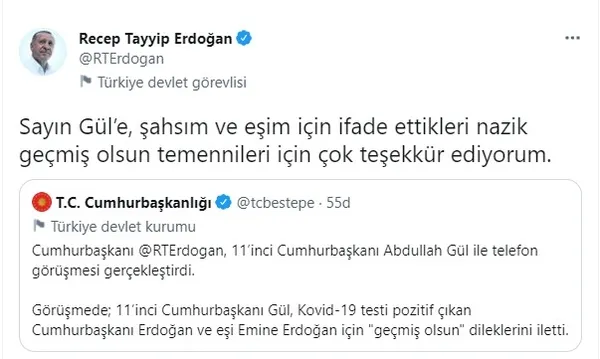 Abdullah Gül’den Başkan Erdoğan’a geçmiş olsun telefonu