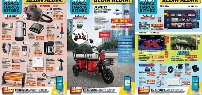 11 Aralık A101 aktüel ürünler kataloğu! Üç Tekerlekli Elektrikli Moped, Flavel Dijital Baskül , Kahve Makinesi, Smart Led TV uygun fiyata satışa sunuluyor