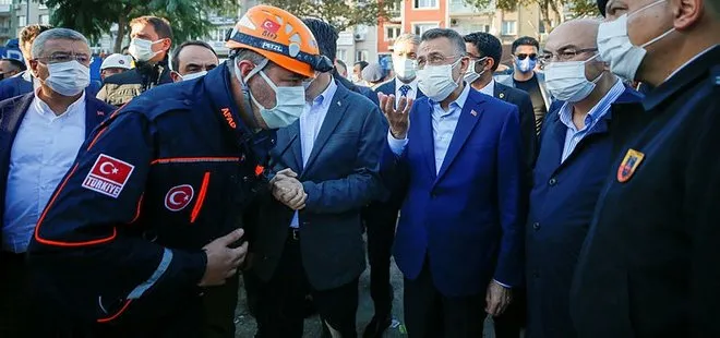 İzmir depremi sonrası bölgeye giden Cumhurbaşkanı Yardımcısı Oktay incelemelerde bulundu